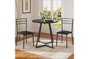 VECELO Round Dining Table Set for 2, Heavy-Duty Metal Frame & Upholstered Chair for Breakfast Nook, Kitchen, and Small Space, Matte Black