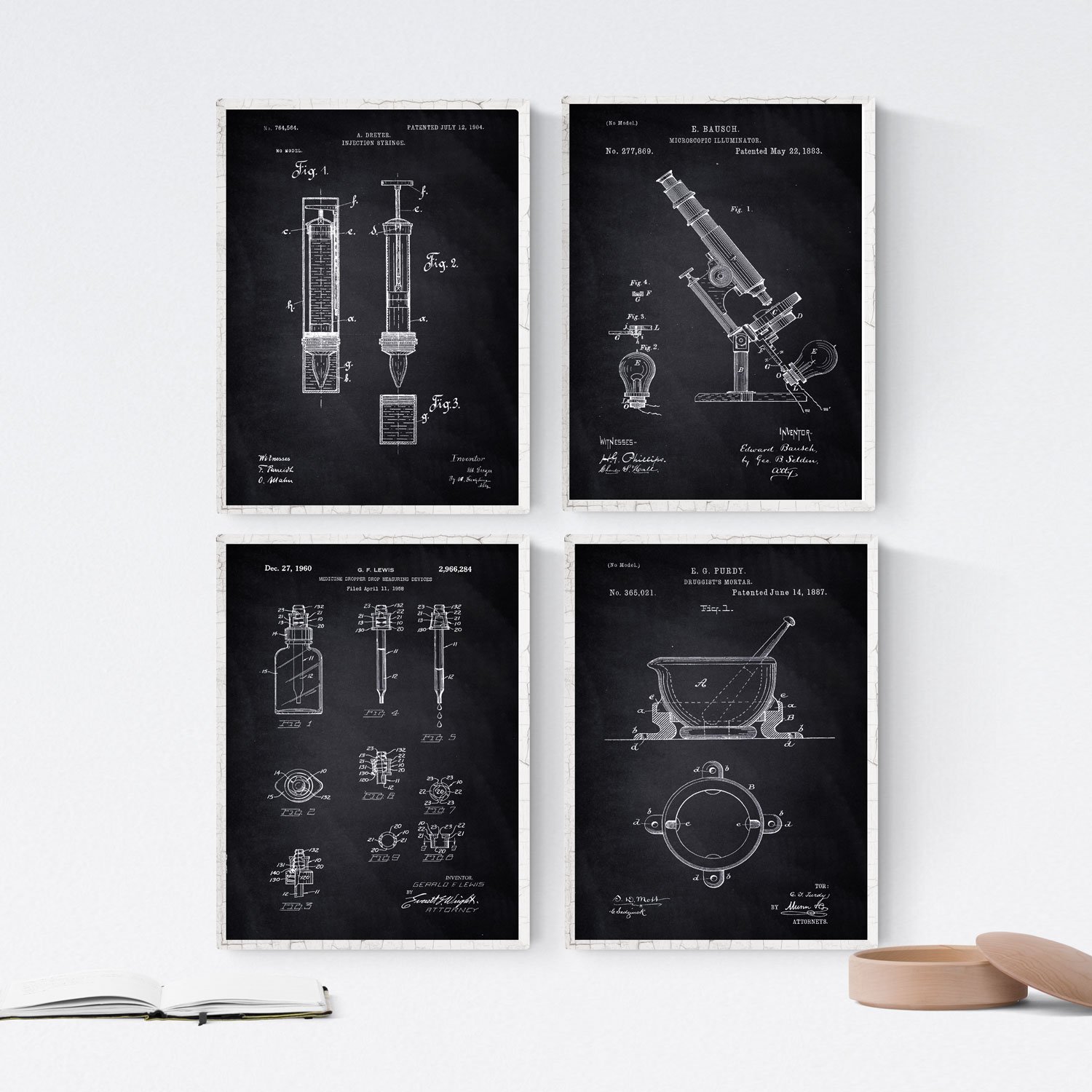 Nacnic BLACK - Pack of 4 sheets with PATENTS PHARMACY. Set posters with inventions and old patents. Choose the color you like. Printed on 250 grams