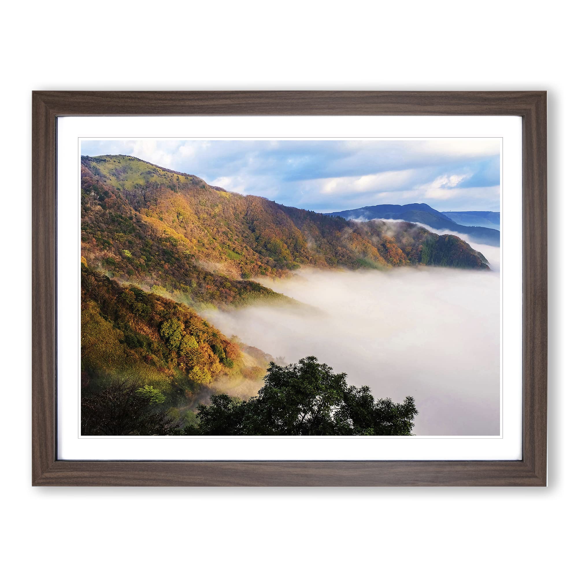 Landscape Aso Kumamoto Japan Mountain No.2 Modern Framed Wall Art Print, Ready to Hang Picture for Living Room Bedroom Home Office Décor, Walnut A3 (46 x 34 cm)