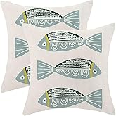 AEIOAE Coastal Pillow Covers 18 x 18 Inch Set of 2, Ocean Beach Blue Fish Print Decorative Throw Pillow Covers Linen Farmhouse Summer Natical Outdoor Pillowcase for Couch Home Sofa Decor