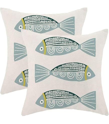 UnionKK Embroidered Throw Pillow Cover – 18x18 Inch Cotton Square Cushion Case, Blue Fish Design, No Insert Included - View #3