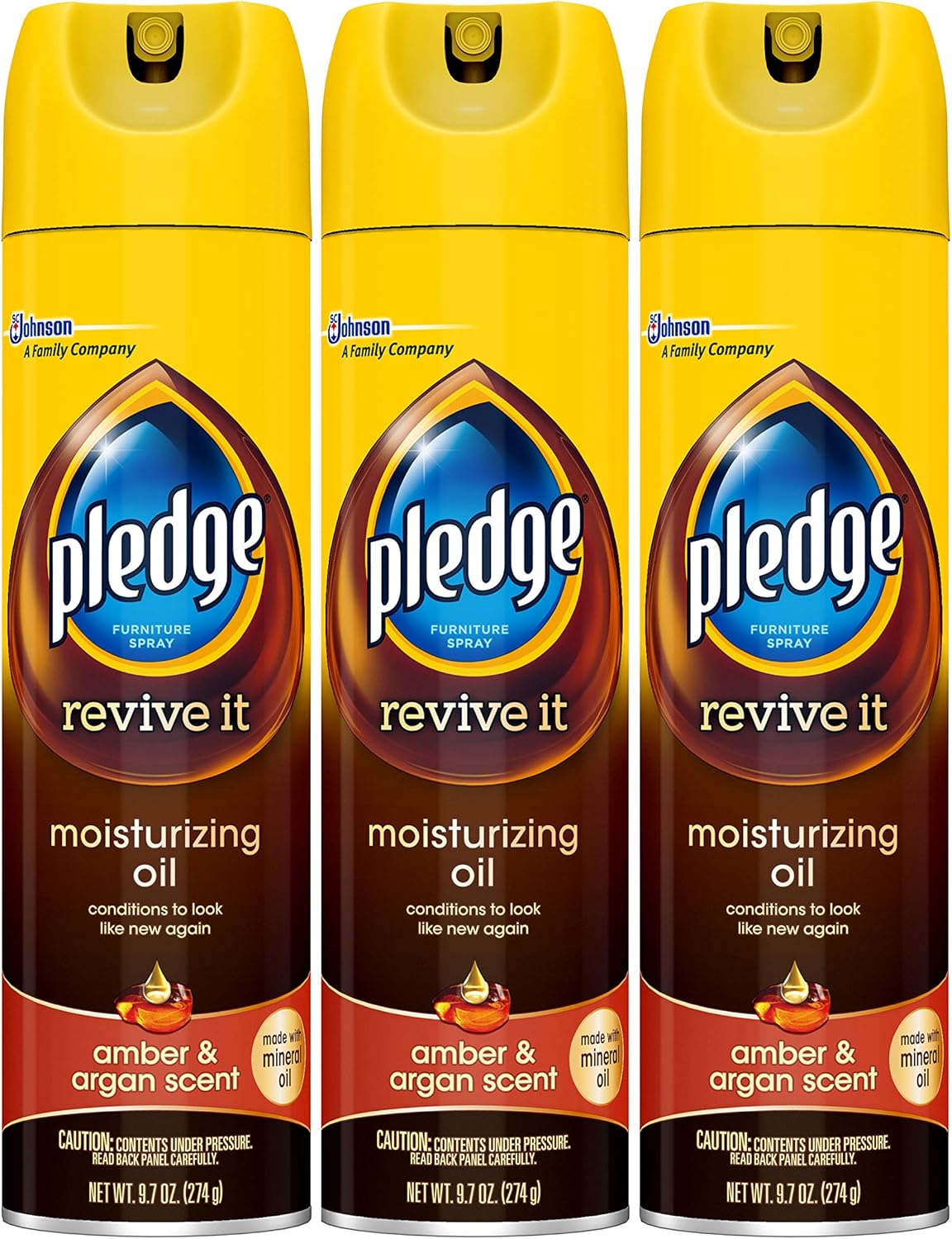Pledge Moisturizing Oil Spray for Furniture, Conditioner, Restorer and Protector, Works on Glass Leather, Granite, Wood, Stainless Steel, Amber & Argan, 9.7 oz - Pack of 3