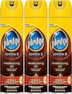 Pledge Moisturizing Oil Spray for Furniture, Conditioner, Restorer and Protector, Works on Glass Leather, Granite, Wood, Stainless Steel, Amber & Argan, 9.7 oz - Pack of 3