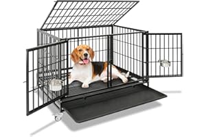 Homey Pet 43 Inch Heavy Duty Dog Crate Cage Kennel for Medium Dogs with Three Door, Divider, Removable Grid & Tray, 4 x Lockable Wheels, 2 x Bowls, Stackable Drop Cages for Breeders, Groomers
