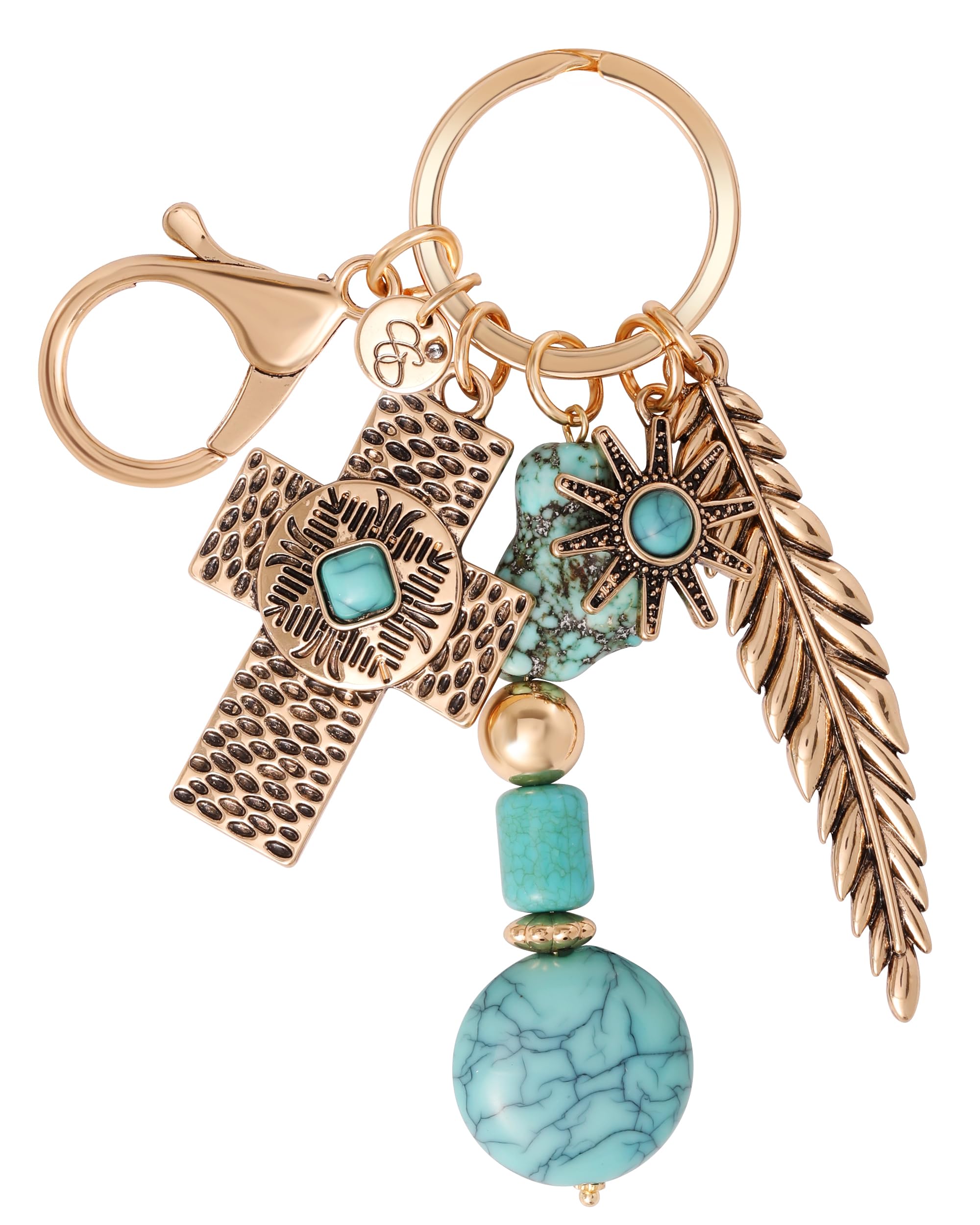 Jessica Simpson Turquoise Cross Keychain with Feather and Western Charms, Cross Bag Charm, Western Key Chain
