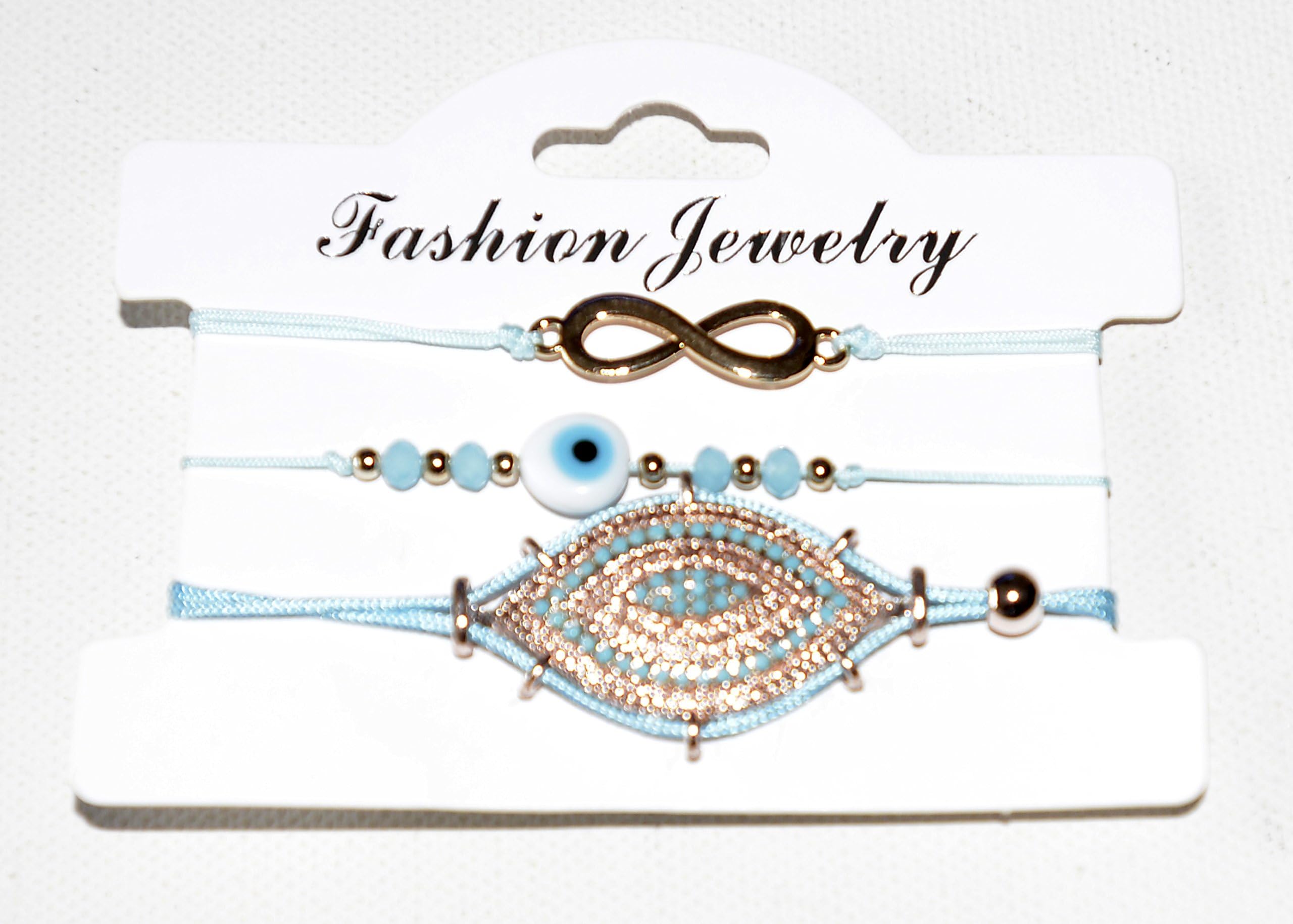 Greek Evil Eye Triple Rope Light Blue Macrame Heart Infinity Bracelets