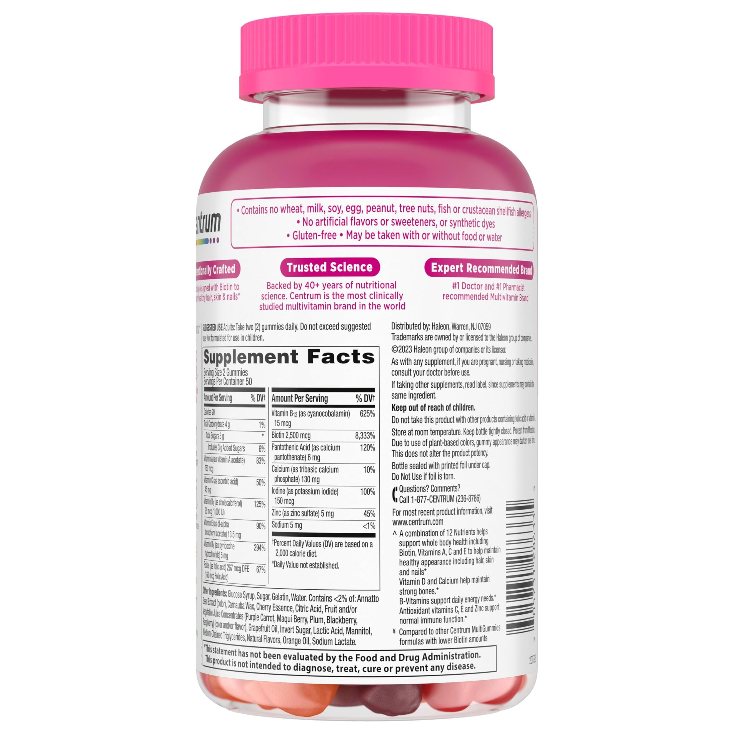 Centrum MultiGummies Multi+ Beauty Dual Action Multivitamin, Specially Designed with Biotin for Healthy Hair, Skin and Nails, Cherry/Berry/Orange Flavors - 100 Count