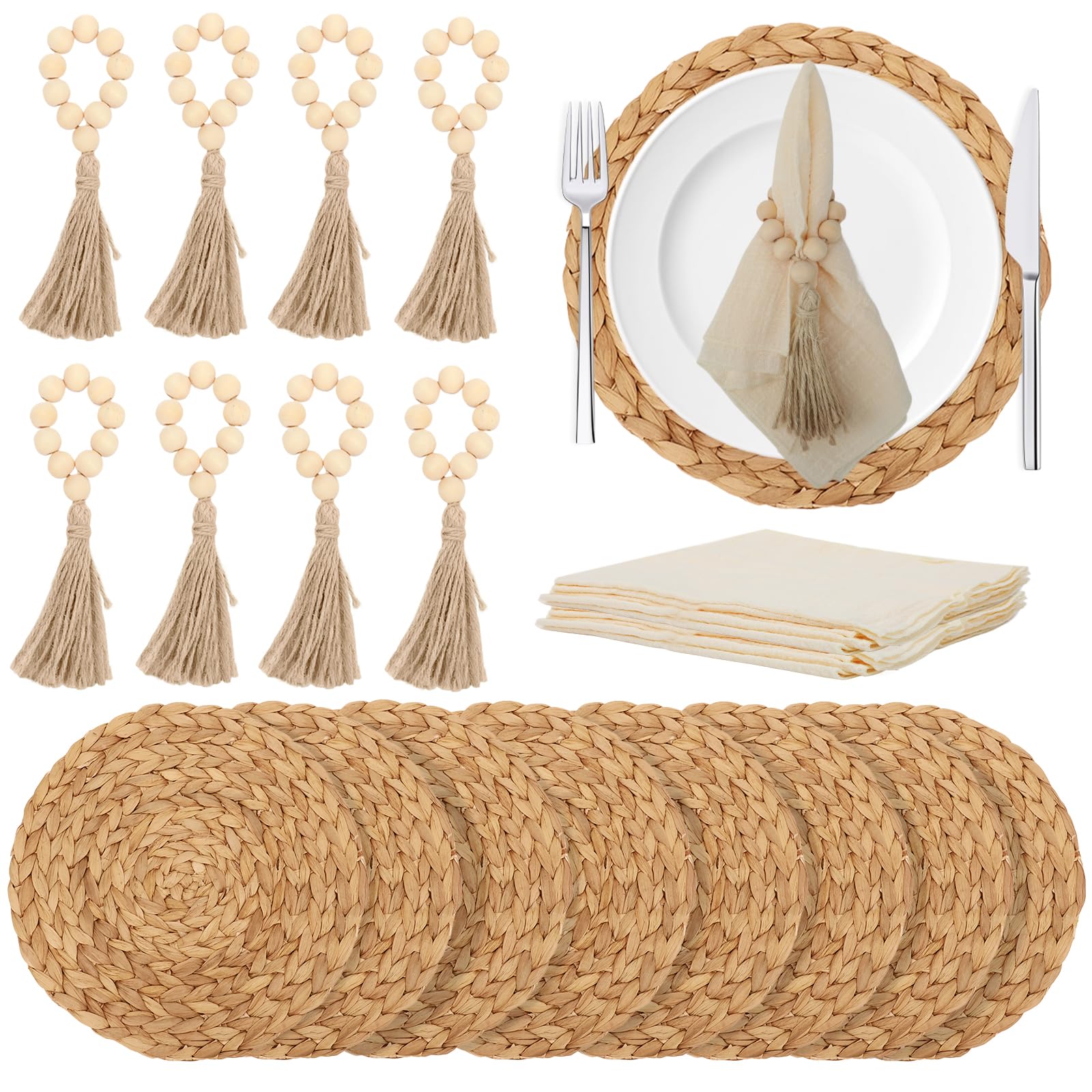 Photo 1 of 24 PCS Round Woven Placemats Set, 8 Boho Rattan Tablemats 13" Natural Water Hyacinth Farmhouse Place Mats with 8 Cotton Napkins, 8 Wooden Beads Napkin Ring for Kitchen Dining Table Decor