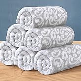 Gray Wash Cloths, Jacquard Washcloths 6 Pack 13"x13" - 100% Cotton | Quick Dry | Thick | Soft | Absorb, Luxury Face Towels for Bathroom & Showering, Jacquard Washcloth Set, Grey + White Damask Pattern