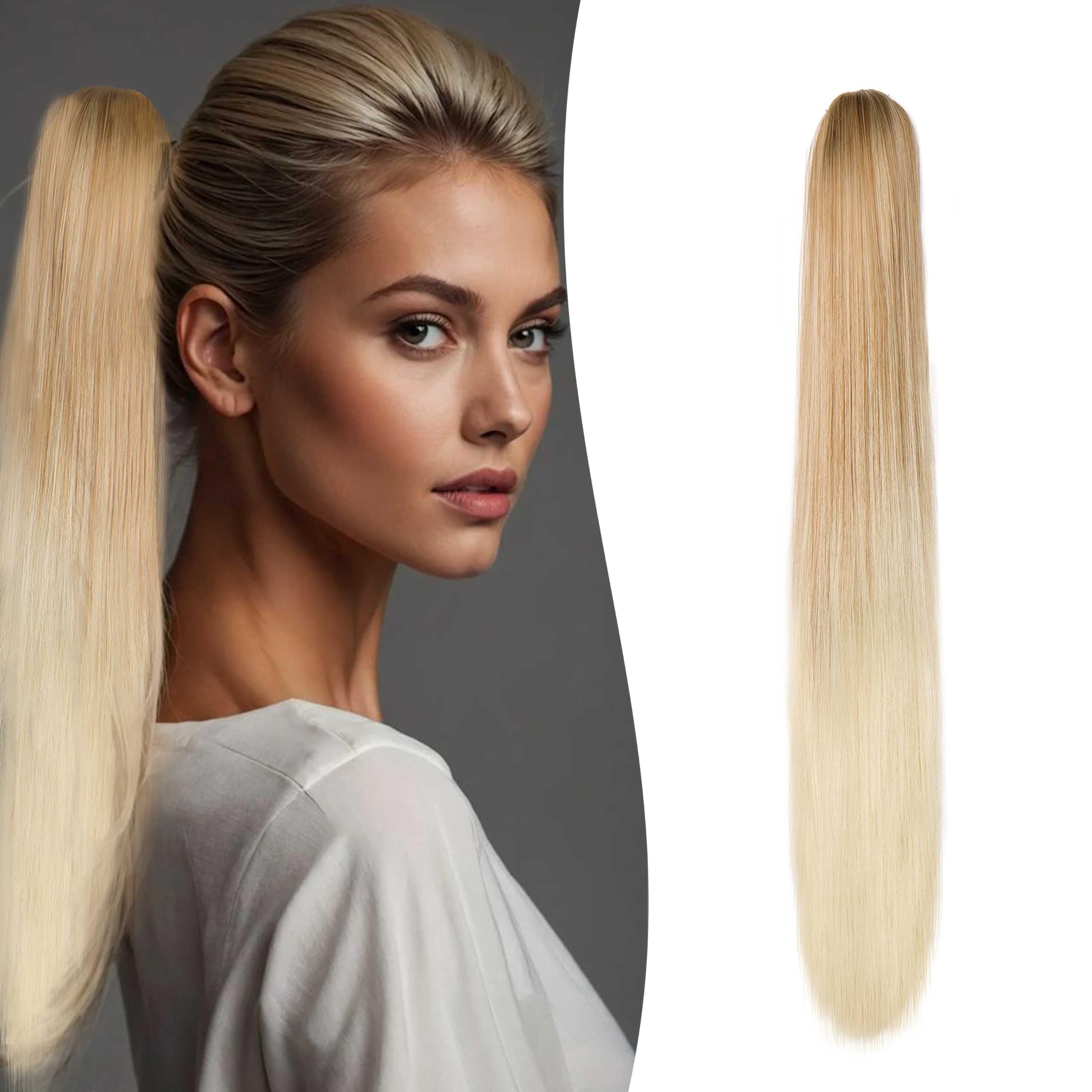 Gairyan Clip in Ponytail Hair Extensions 24 inch Ponytail Extension Long Straight Pony Tails Claw on Ponytail Synthetic Hairpieces for Women Soft Natural Look (Dark Blonde Ombre Bleach Blonde)