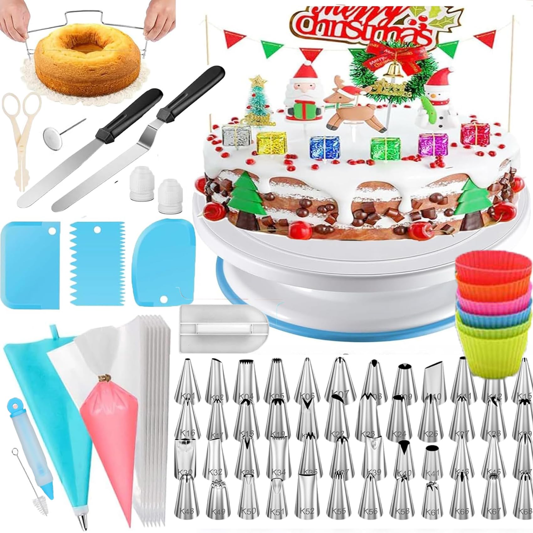 90PCS Cake Decorating Kits, Rotating Cake Turntable Tools, Cake Decorating Plates, Cake Decorate Stand Supplies Kits, with Cake Scrappers, Spatulas, Cake Piping Bags and Piping Tips