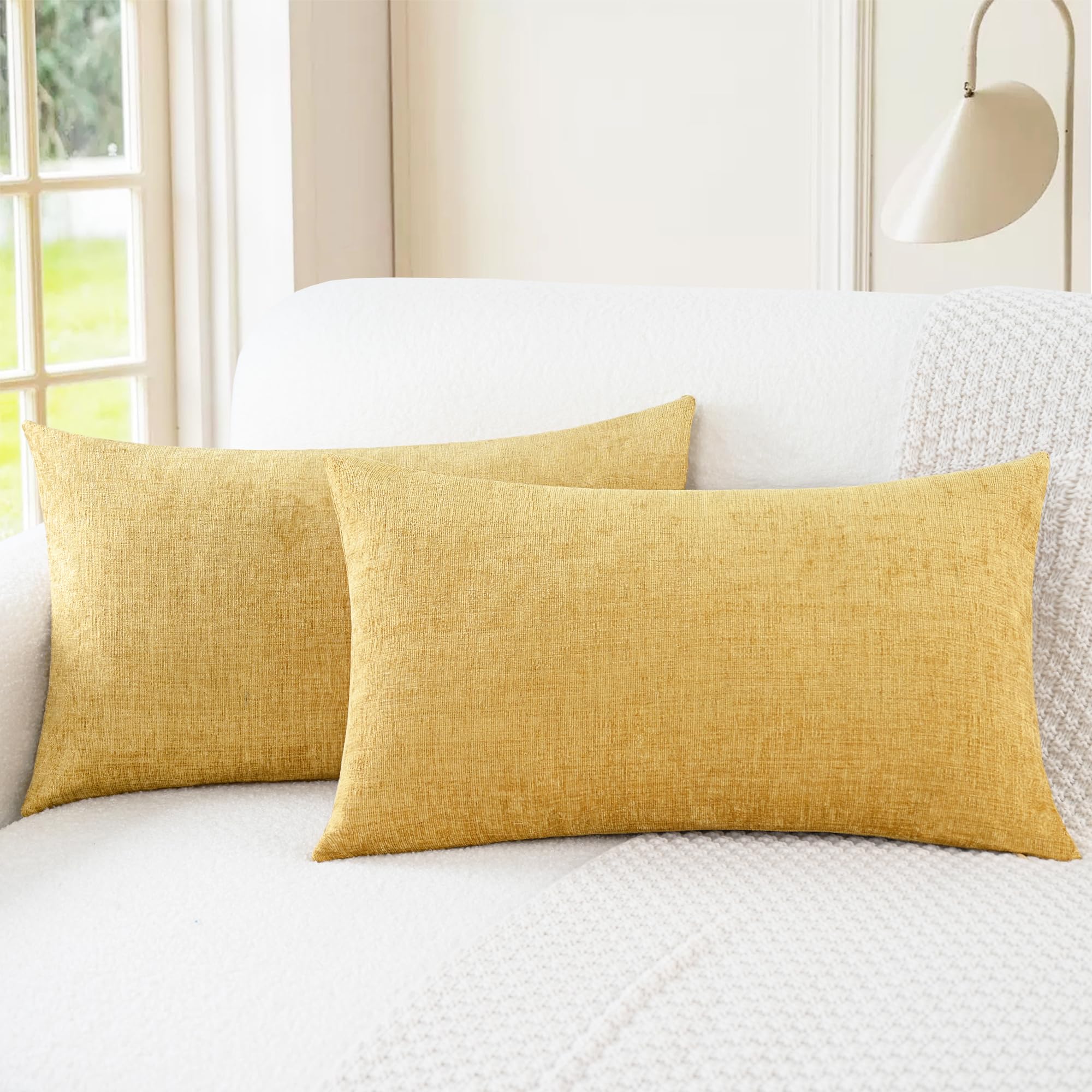 CaliTime Pack of 2 Cozy Bolster Pillow Covers Cases for Couch Sofa Home Decoration Solid Dyed Soft Chenille 30cm X 50cm Gold — image 1