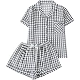 Verdusa Women's Plaid 2 Piece Cute Pajama Sets Short Sleeve Button Down Shirts with Shorts Loungewear