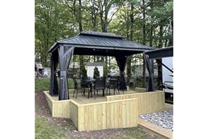 DOMI OUTDOOR LIVING Domi 10’ X 12’ Hardtop Gazebo Canopy with Netting & Curtains, Outdoor Aluminum Gazebo with Galvanized Steel Double Roof for Patio Lawn and Garden, Gray