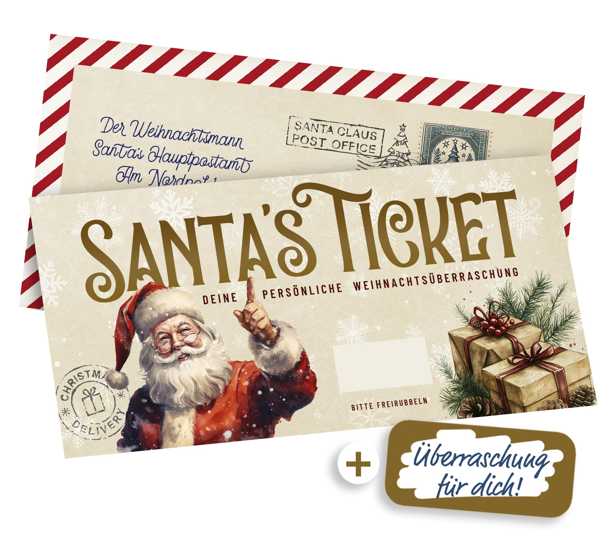 KOKO&LORA Santa's Ticket – to Personalise – with Scratch Sticker • Surprise • Voucher to Fill Yourself with Scratch Sticker – Scratch Card for Labelling – Christmas Voucher
