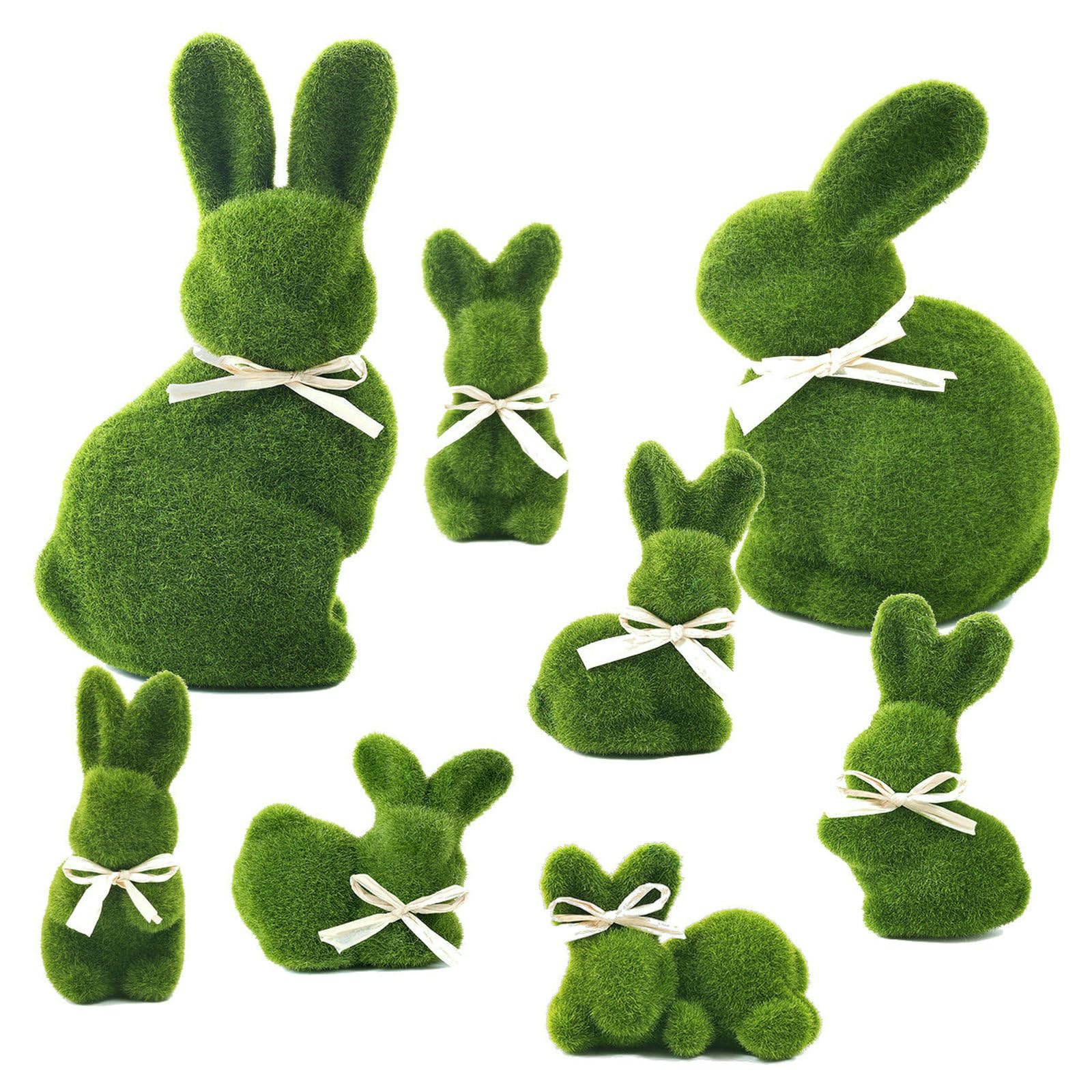 naturevibe 10/5 Inches Moss Easter Bunny Home Decor,Set of 8 Green Faux Moss Parents n Baby Rabbit for Easter Decorations,Cute Bunny Figurines as Spring Decor
