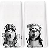 QZQE Funny Chef Siberian Husky Kitchen Towels Set of 2, Husky Lovers Gifts Dish Tea Towels for Kitchen, Dog Mom Dad Lovers Owner Gifts Decorative Hand Towel, 16x24 Inch