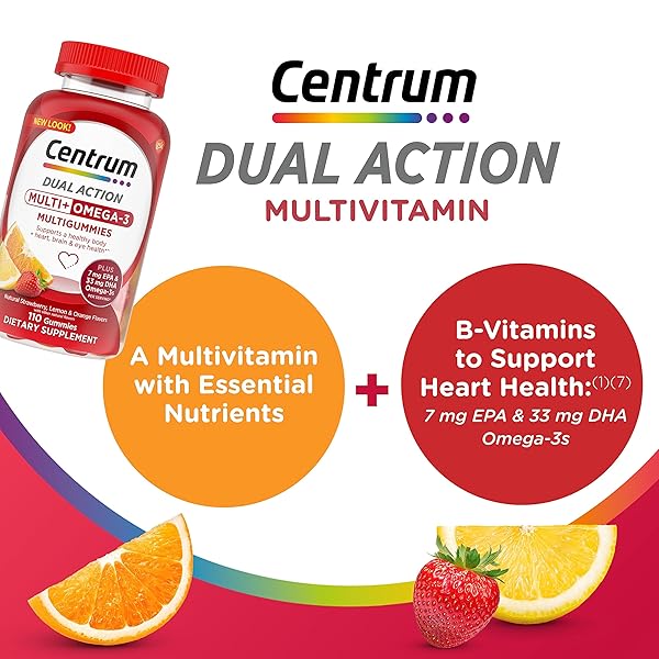 CENTRUM MULTIGUMMIES MULTI+ OMEGA 3 DUAL ACTION, ADULT MULTIVITAMIN, MULTIVITAMIN/MULTIMINERAL/OMEGA 3 SUPPLEMENT, STRAWBERRY/LEMON/ORANGE FLAVORS – 110 COUNT