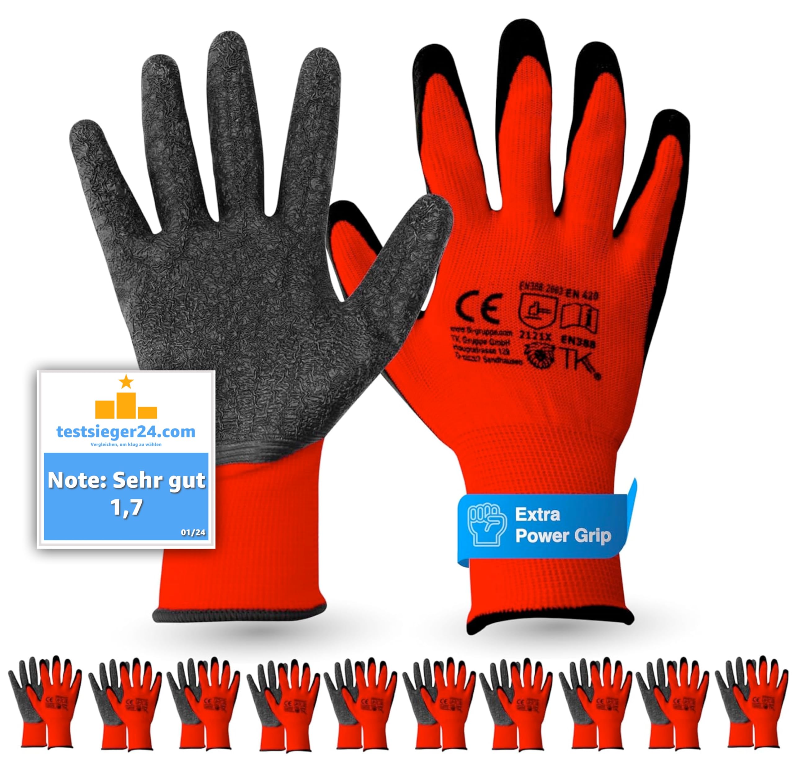 TK Gruppe Timo Klingler 10x Paar EN388 Arbeitshandschuhe Herren - Gr 8-9 (S-M) - Extra Power Grip - Handschuhe & Gartenhandschuhe - Work Gloves für Garten, Montage & Mechaniker