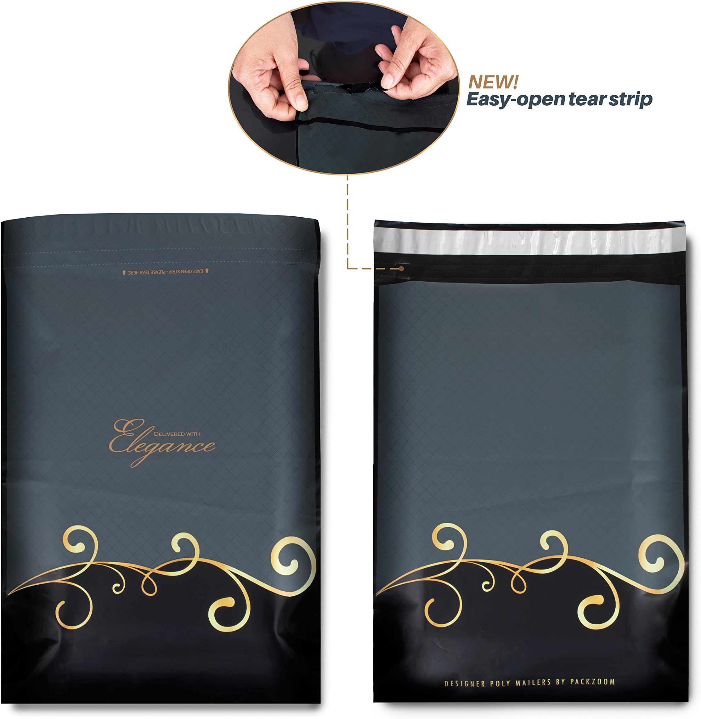 100 10X13 Designer Poly Mailers with Easy-Open Tear Strip, Strong Glue, Anti-Static Release Liner, 2.4 Mil Thickness - Envelopes Mailing Shipping Bags with Design (Black & Gray)