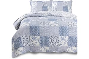 KASENTEX Country-Chic Printed Pre-Washed Set. Microfiber Fabric Design. Single Quilt + 1 Sham. Multi-Blue, 68X86+20X26 X1,. Twin