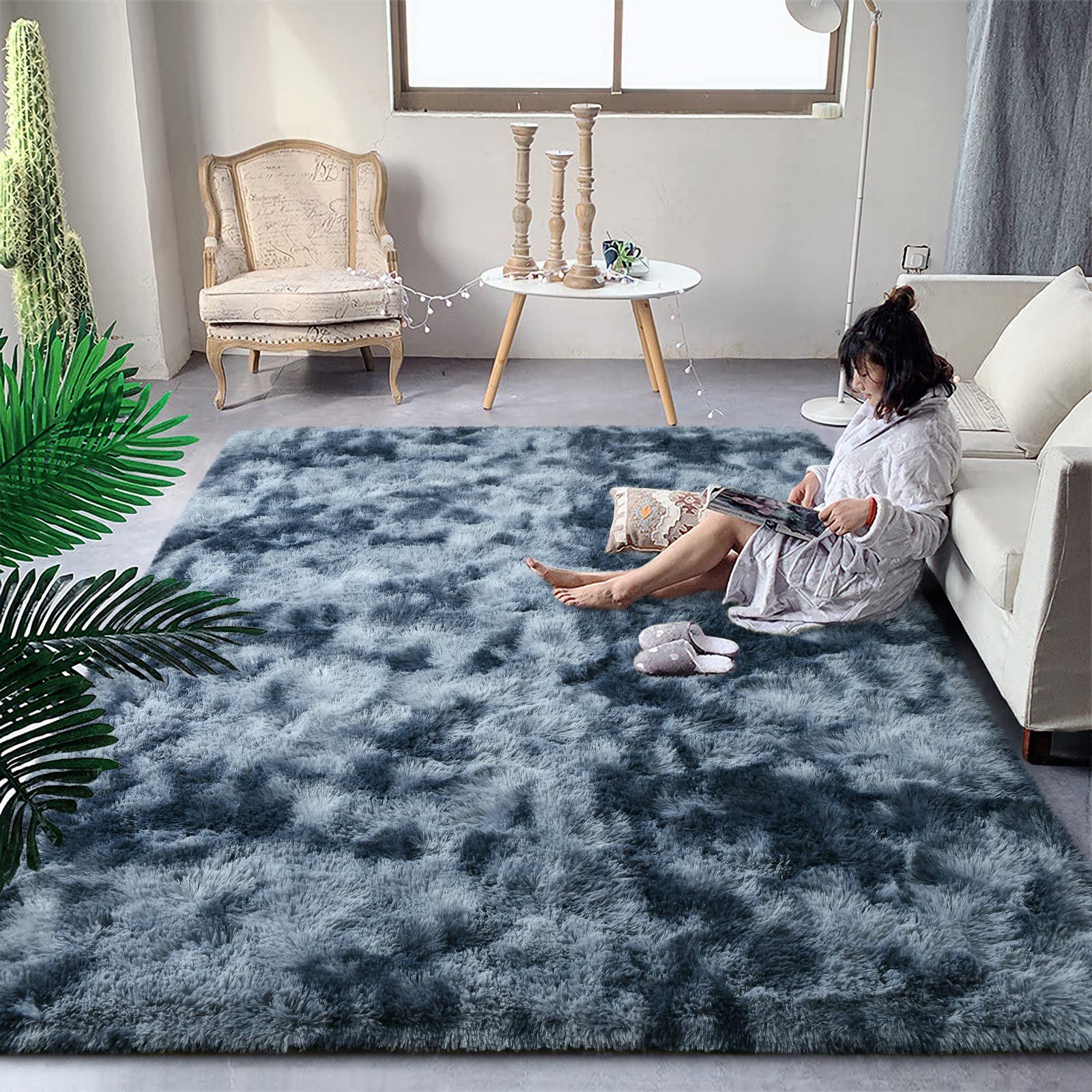 Photo 1 of DweIke Fluffy Blue Grey Rugs for Bedroom Living Room, 6x9 Large Soft Plush Shaggy Tie-Dyed Navy Blue Gray Girls Boys Kids Rug, Upgraded Non-Slip and Machine Washable Carpet for Dorm Nursery Decor