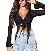Avidlove Women Mesh Crop Top Y2K Tie Front Tops Rave Top Sheer Cardigan Sexy V Neck Outfits S-2XL