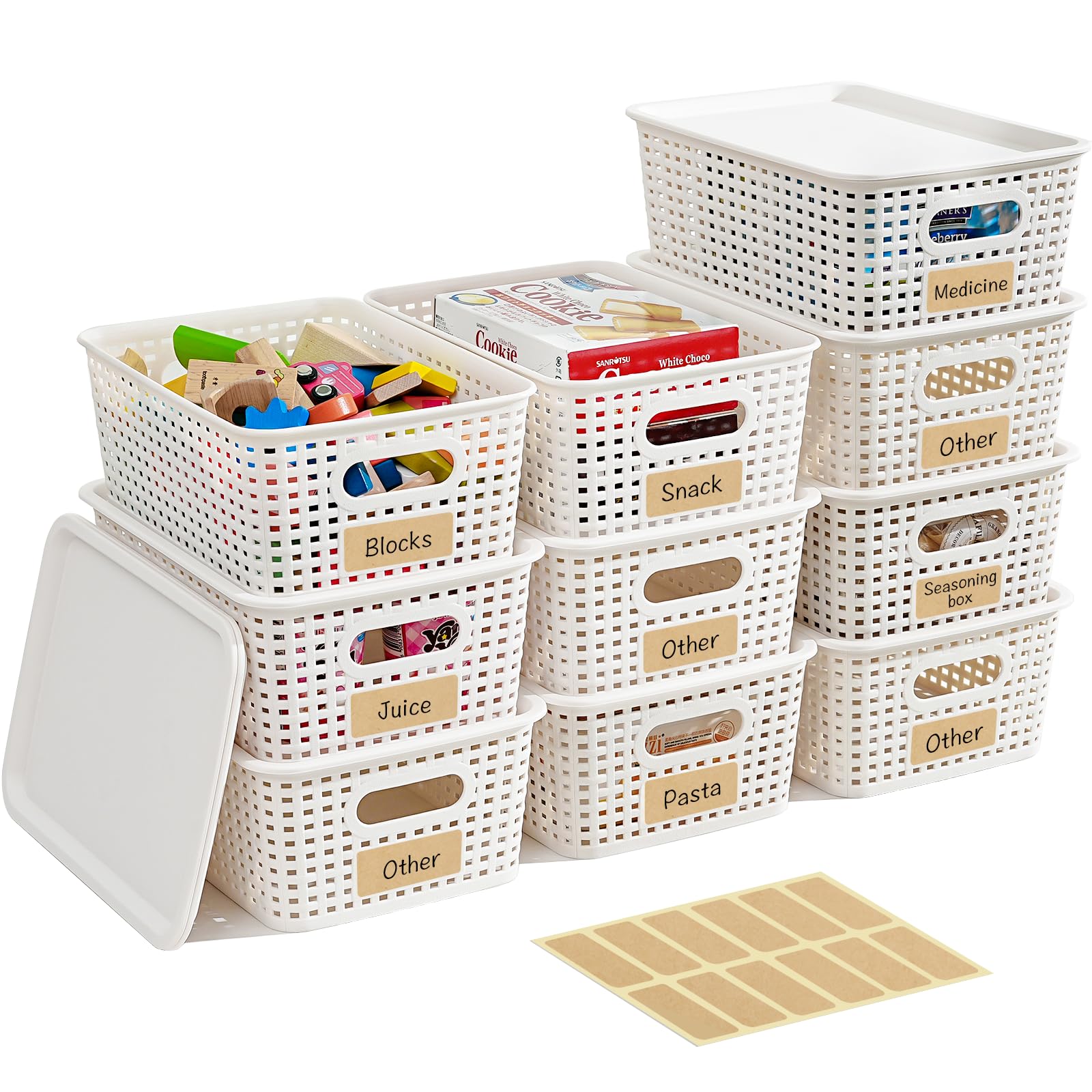 Photo 1 of 10 Pack Plastic Storage Bins with Lids, Stackable Storage Baskets with Handles, Plastic Organizer Bins with Labels for Desk,Shelves,Office, PlasticContainer Bins for Pantry Organizers and Storage