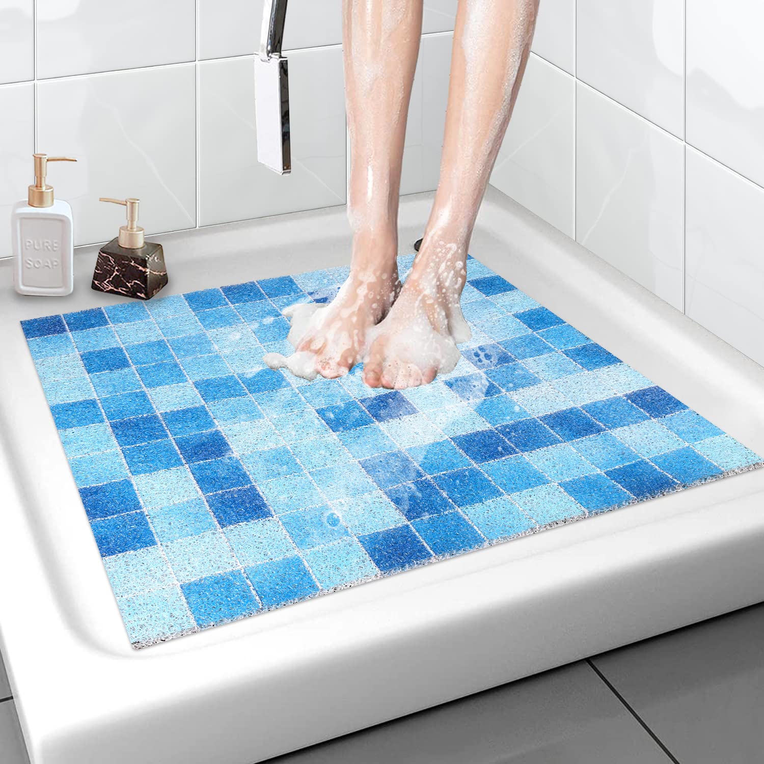 Safety Shower Mat, Non-Slip, 60 x 60 cm, Soft Comfort Bath Mat with Drainage Holes, PVC Loofah Massage Shower Mats for Wet Areas, Quick Drying