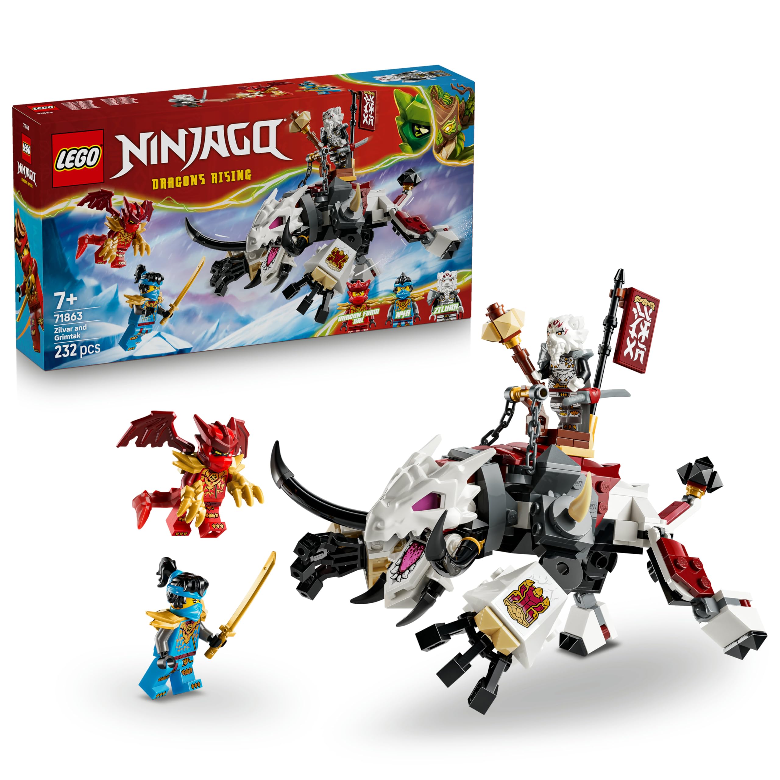 LEGO NINJAGO Zilvar auf seinem Drachentier Grimtak - Ninja Spielzeug mit Actionfigur, 3 Minifiguren inklusive Kai & NYA - Geschenkidee für Jungen ab 7 Jahren und Dragons Rising Fans - 71863