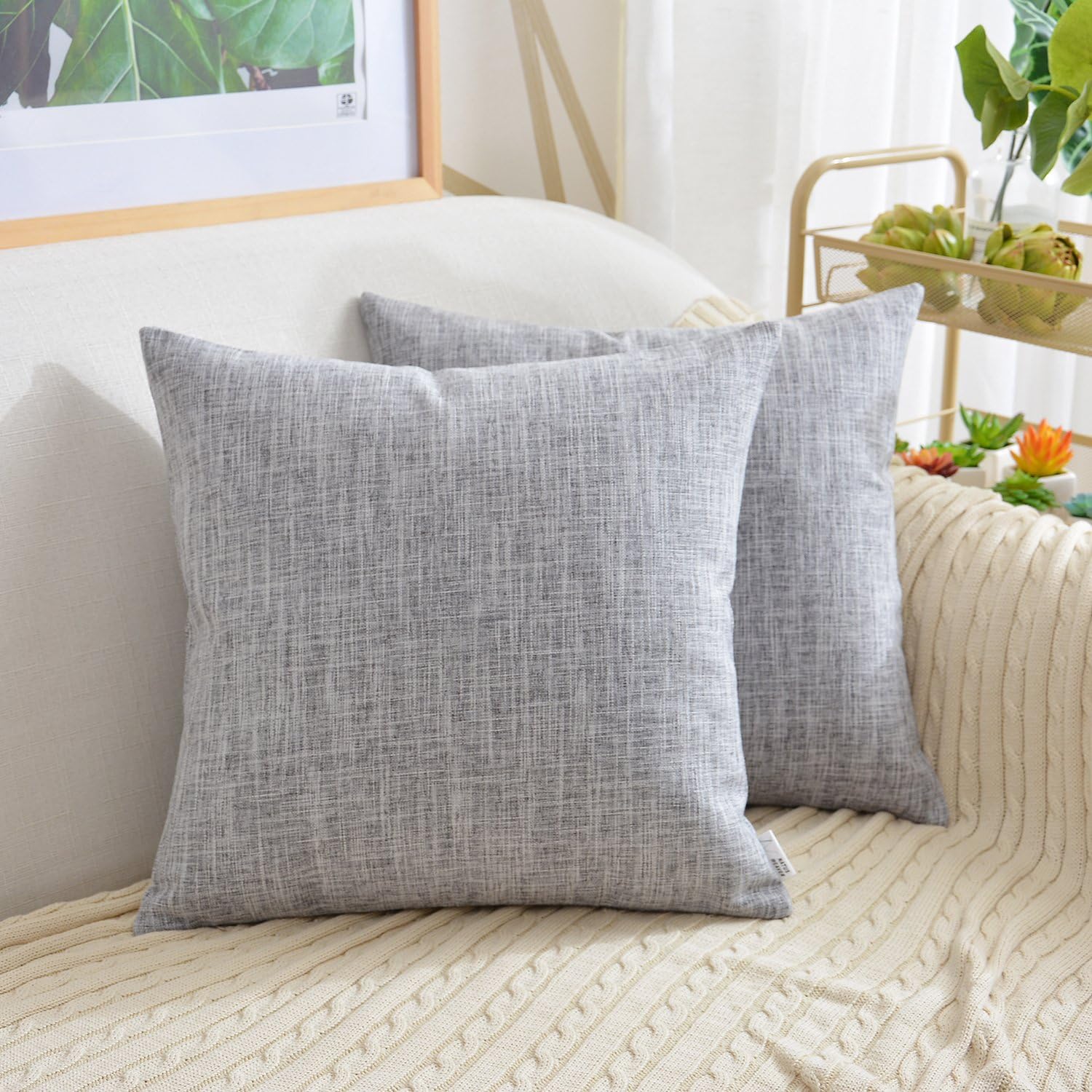 NATUS WEAVER Soft Linen Blended Burlap Square Throw Pillow Covers Accent Cushion Cover Pillowcase for Sofa Bedroom Car, 20" x 20", Sesame Grey, 1 Pair