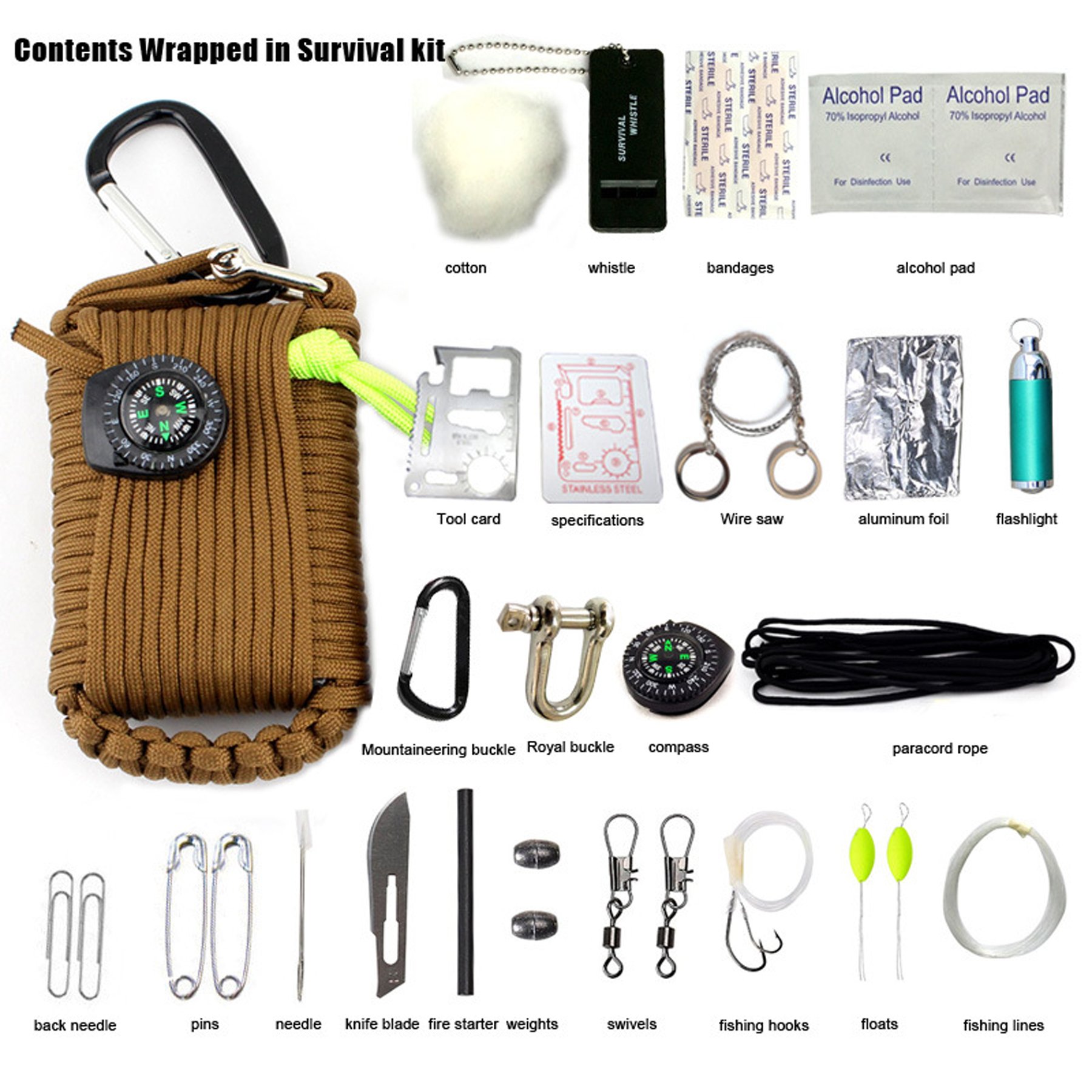 Micogo 29pcs Paracord Emergency Survival Kit,First Aid Kit & Emergency Fishing Gear Whistle Fire Starter Set & more (Brown)