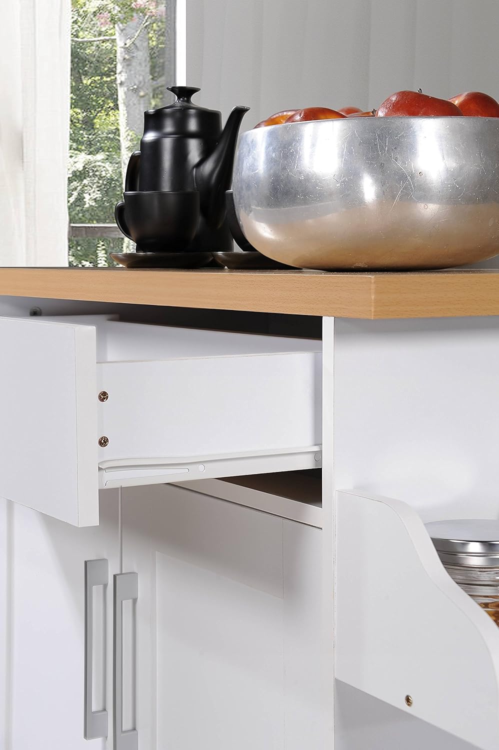 Hodedah Kitchen Island with Spice Rack, Towel Rack & Drawer, White with Beech Top: Furniture & Decor