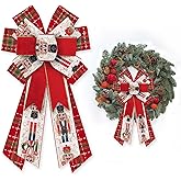 Glodecart Large Christmas Bow for Wreath,Nutcracker Soldier Velvet Red Green Plaid Wreath Bow for Christmas Décor Winter Bow for Front Door Indoor Outdoor Wall Tree Topper Decoration Supplies Ornament