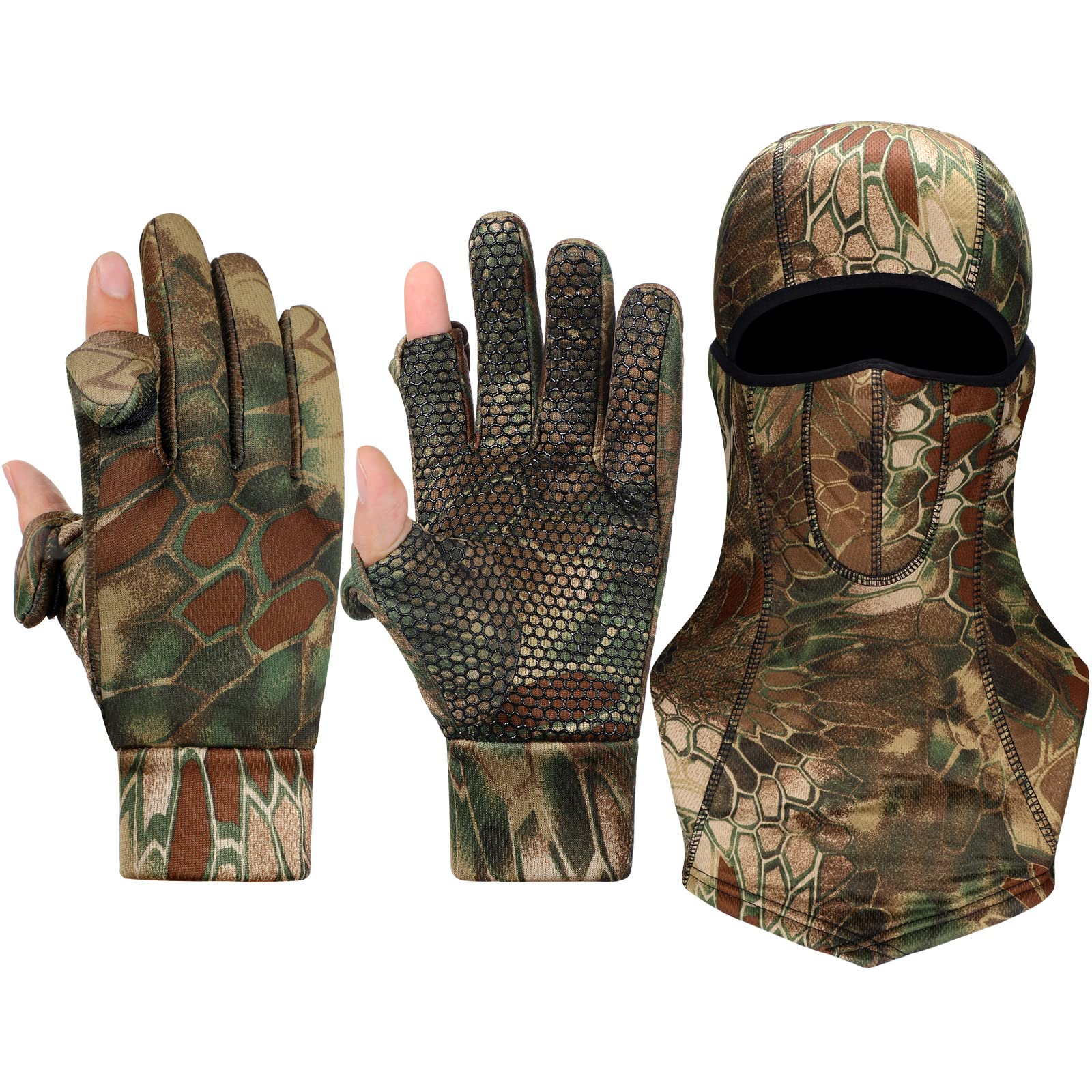 Hestya Camo Hunting Gloves for Men Full Face Cover Hunting Mitten Balaclava Anti Slip Full Finger Fingerless Mitten Wind Resistant (Medium)