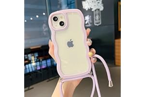ELTIIGO for 6.1" iPhone 15 Clear Case with Crossbody Lanyard, Slim Cute Wave Bumper Shockproof Soft Protective Cover with Anti-Lost Adjustable Shoulder Neck Strap for Girls Women - Lavender