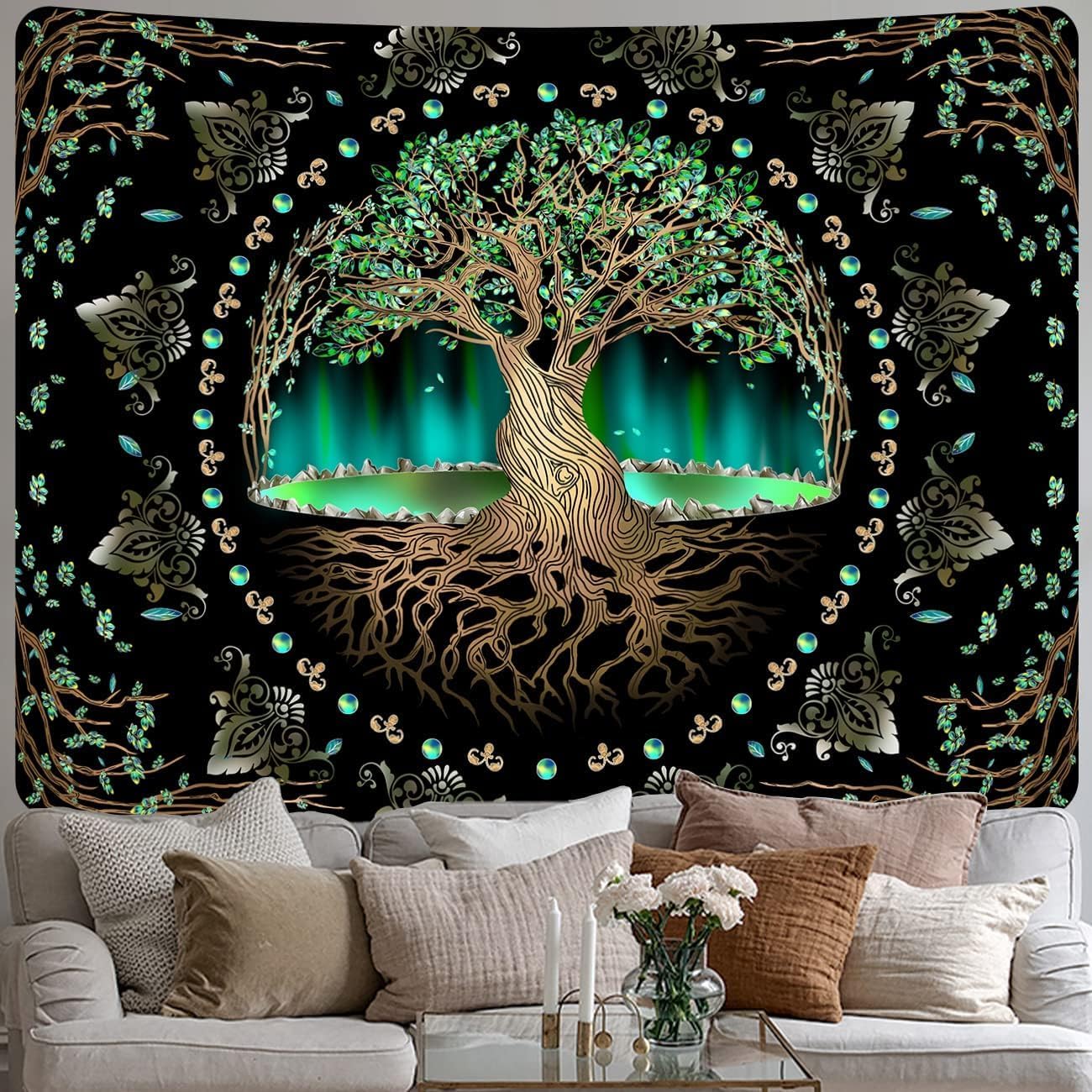 Tapestries - XIGUAGUO Nature Tree of Life Tapestry Aurora Style Green Leaves Tapestry Mandala Spiritual Tapestries Meditation Tapestries for Home Decor Bedroom Living Room Dorm Decor