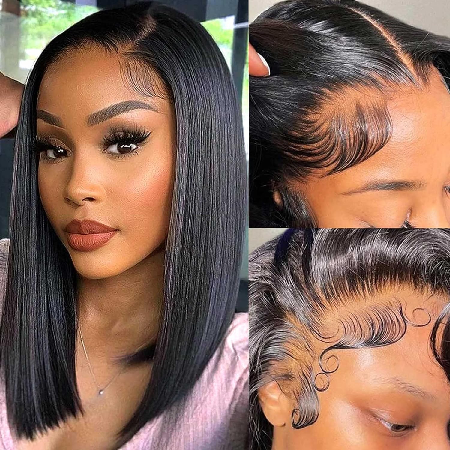 Photo 1 of Nikiss Bob Wig Human Hair 13x6 Frontal Lace Wig Short Straight Bob Human Hair Wigs for Black Women 200 Density Pre Plucked with Baby Hair Natural Color 16 Inch