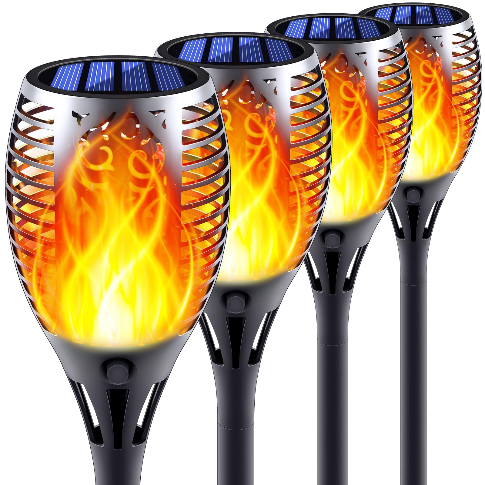 Permande Solar Torch Lights with Flickering Flame, Fire Effect Garden Light, Auto On/Off Dust to Dawn, Outdoor Waterproof Landscape Decoration, Solar Powered Security Torch Light for Patio, 4 Pack