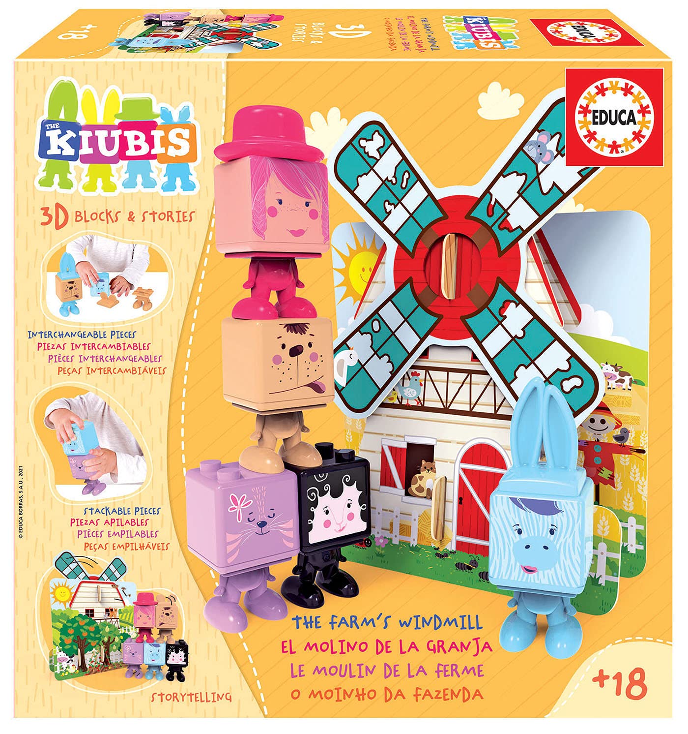 Educa - The Kubies 19223 The Farm Mill Playset - Baby Stackable - 6 Characters - 18+ Months