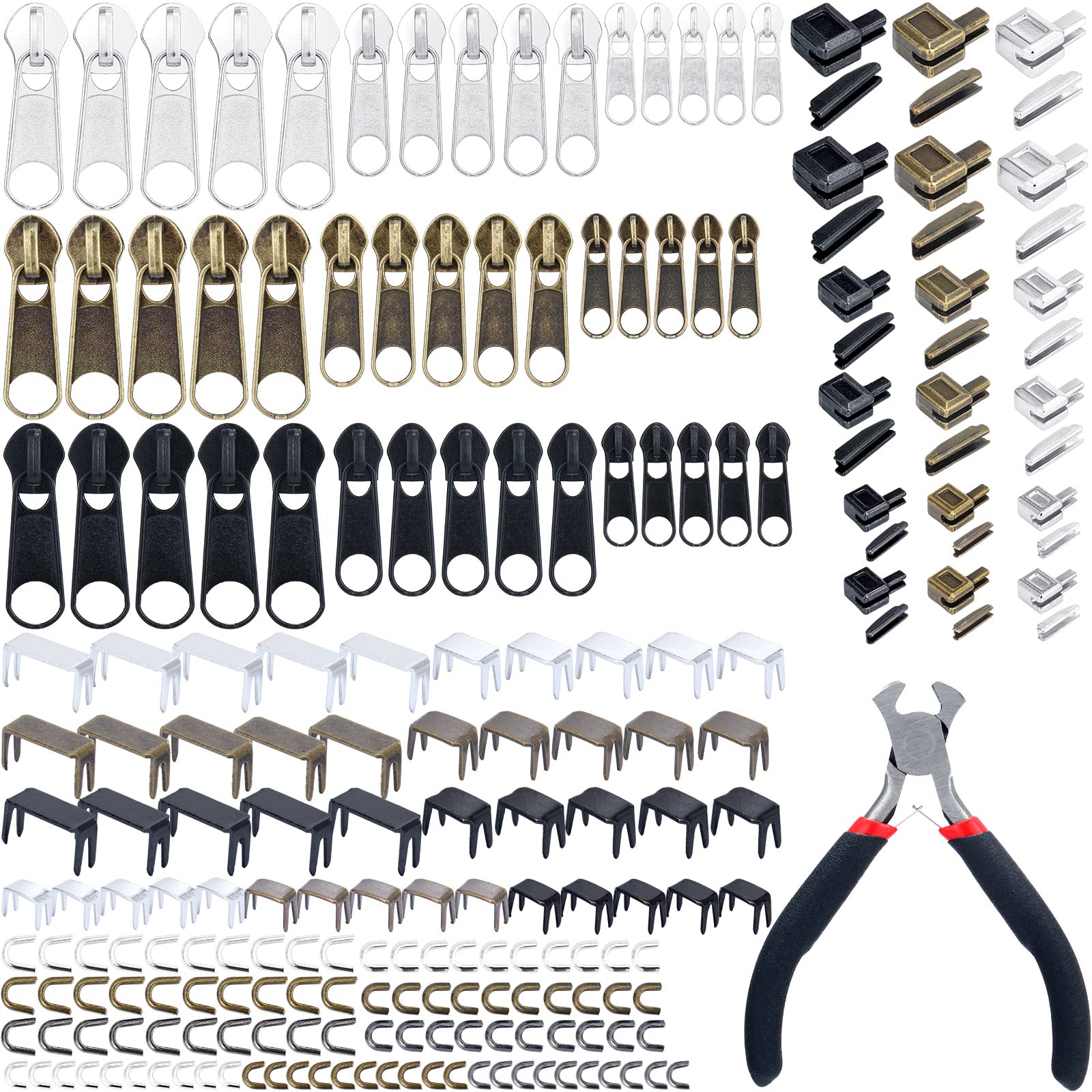 Photo 1 of 217 Pieces Zipper Repair Kit Replacement, Zipper Pulls, Head Slider, Installation Tools, Stopper Slider Repair Tool Kit for Metal Plastic Nylon Coil Jacket Zippers (Size 8/5/3)