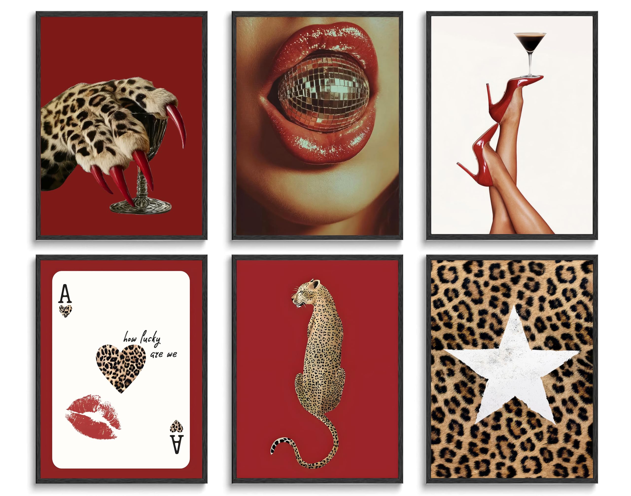 Photo 1 of 6pcs Trendy Red Fashion Leopard Wall Art Funky Lucky Wall Decor Ace Of Hearts Spades Poker Canvas Prints Vintage Room Aesthetic Pictures Posters Cheetah Painting for Girly Apartment Dorm Unframed