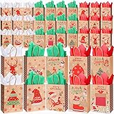 Fulmoon 60 Pcs Christmas Paper Gift Bags Bulk with Tissue Paper 8.3 x 6 x 3.1 Inch Small Holiday Party Favor Goodie Bags with Handle Assorted Christmas Design for Holiday Presents Wrapping (Rustic)