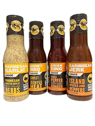 Amazon Com Buffalo Wild Wings Sauce Variety Sampler Bundle Parmesan Garlic Honey Bbq Asian Zing Caribbean Jerk 12 Ounces Each Grocery Gourmet Food