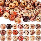 Hzopcw 100pcs Wooden Beads for Crafts, Large Hole Printed Macrame Beads for Hair, 11.8mm Mixed Color Vintage Wooden Spacer for Keychains Garland Necklaces Bracelets Pendant Tassels