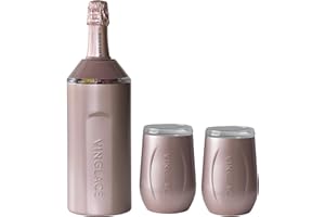 Vinglacé Wine Bottle Chiller Gift Set- Portable Stainless Steel Wine Cooler with 2 Stemless Wine Glasses, Rose Gold