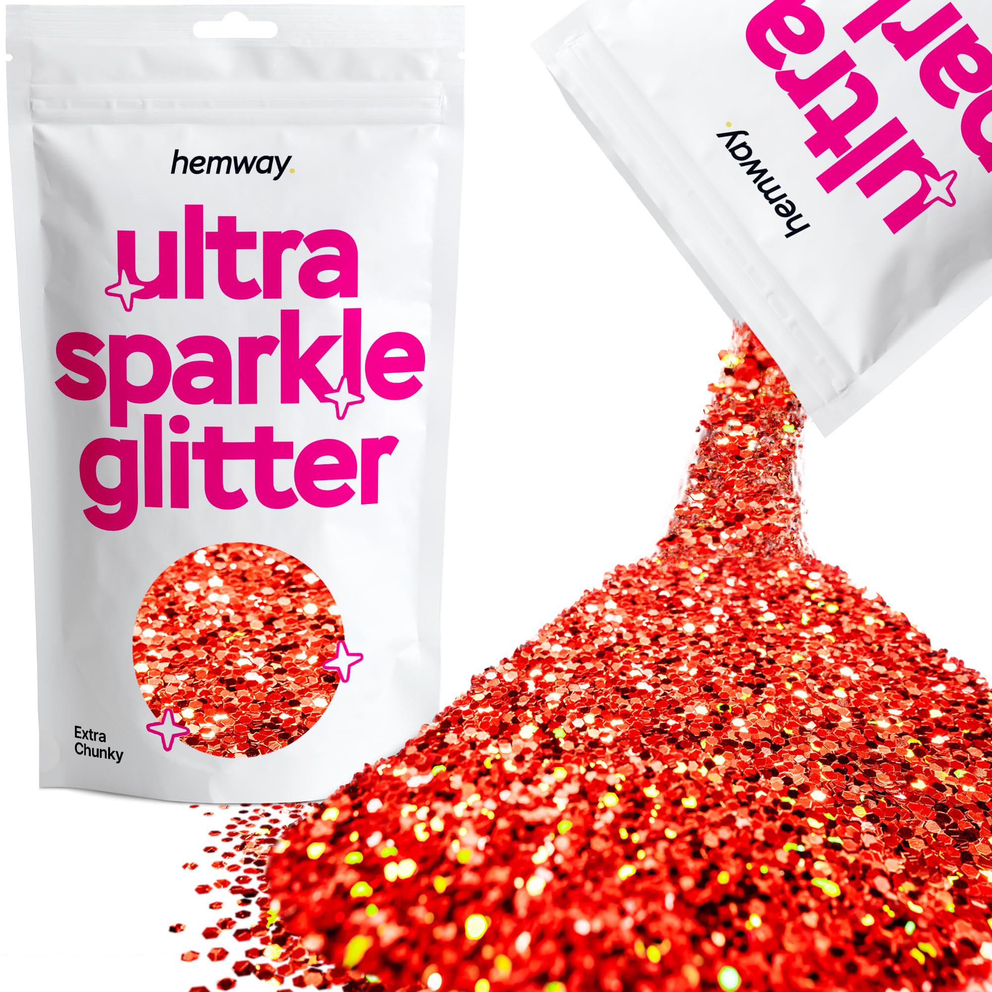 Hemway Ultra Sparkle Glitter Red Holographic 100g Extra Chunky | Glitter for Arts & Craft, Makeup, Nail Art, Crafting, Card Making, Sparkle Decoration