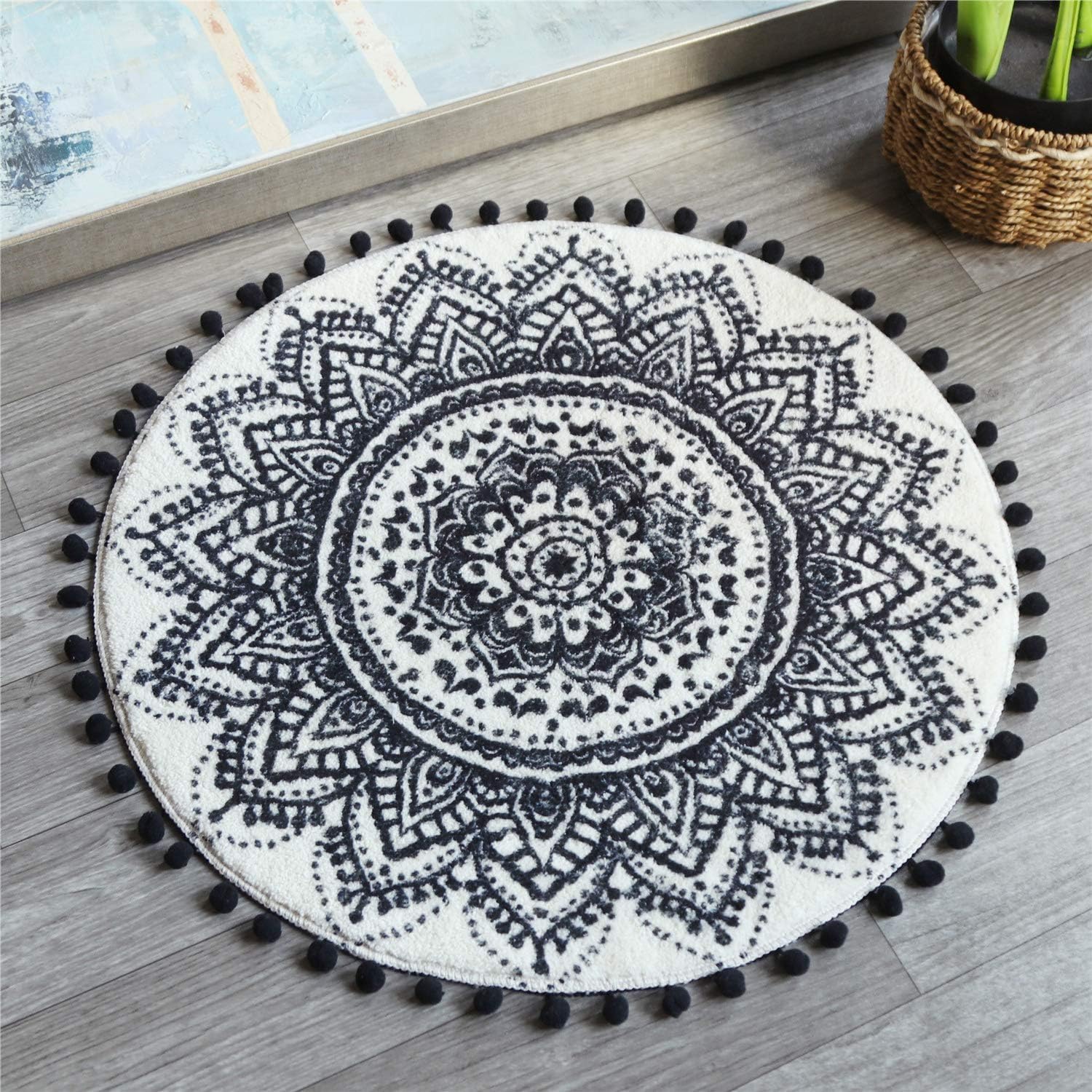 Uphome Small Round Rug 2’ Boho Beige and Black Bathroom Rug with Pom Poms Fringe Washable Mandala Circle Shower Mat Soft Non-Slip Cute Circular Throw Rug for Sink Powder Room Kids Room Nursery