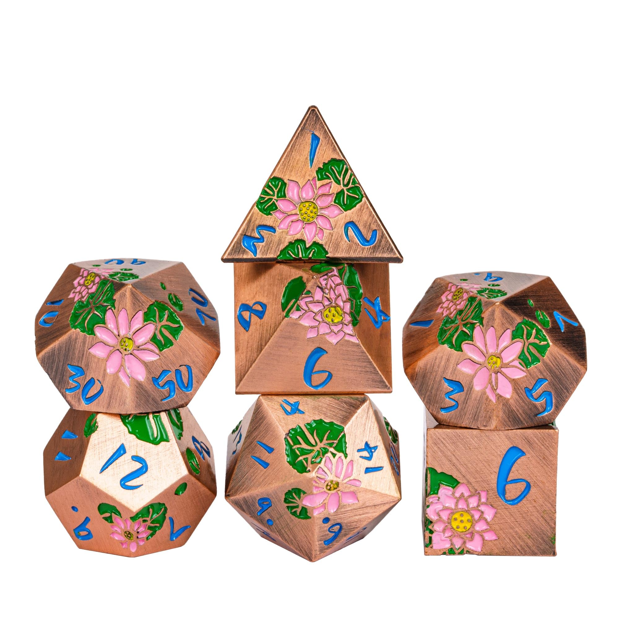 Cusdie 7-Die Lotus Metal DND Dice Set, D&D Metal Dice, Polyhedral Dice Set, for Role Playing Game Pathfinder(Ancient Copper w/Blue Numbers)