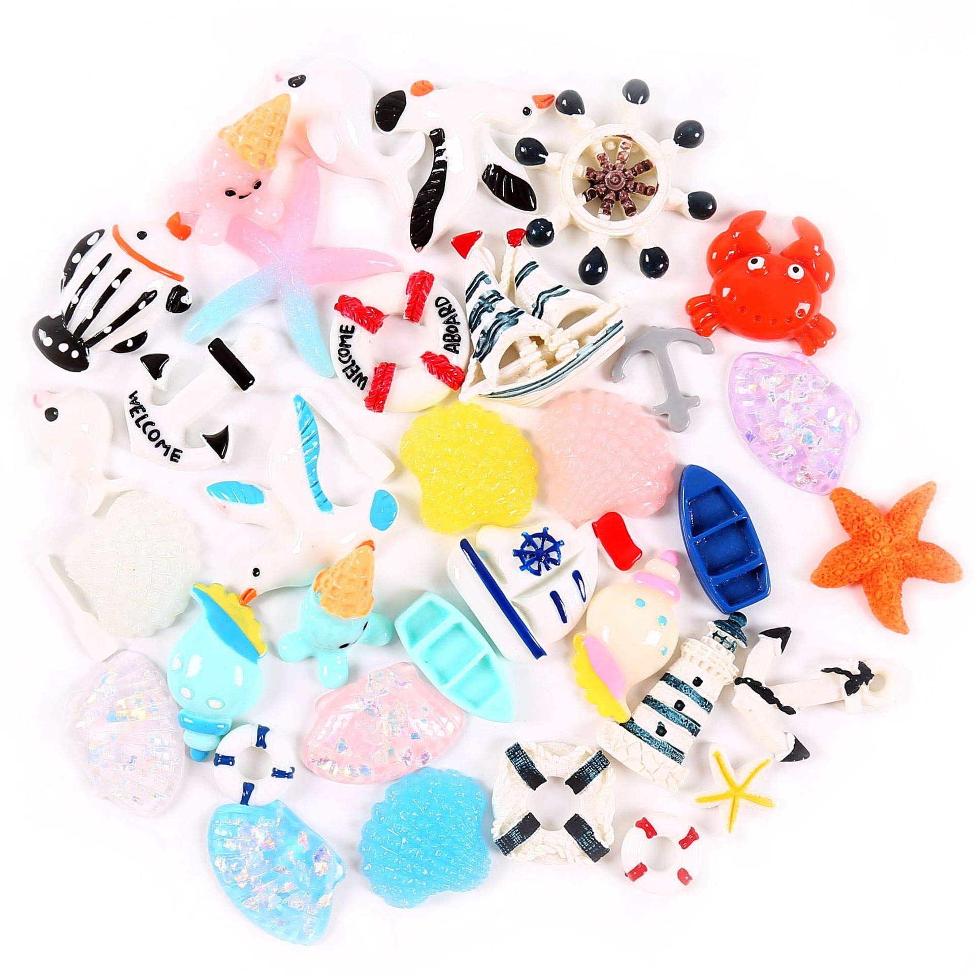 Assorted 36pcs Ocean World Resin Charms Fish Shell Shark Whale Sea Gull Steel Life Boat Plastic Flatback Beads for Navigation Series Lovers Scrapbooking Rustic Craft Supplies